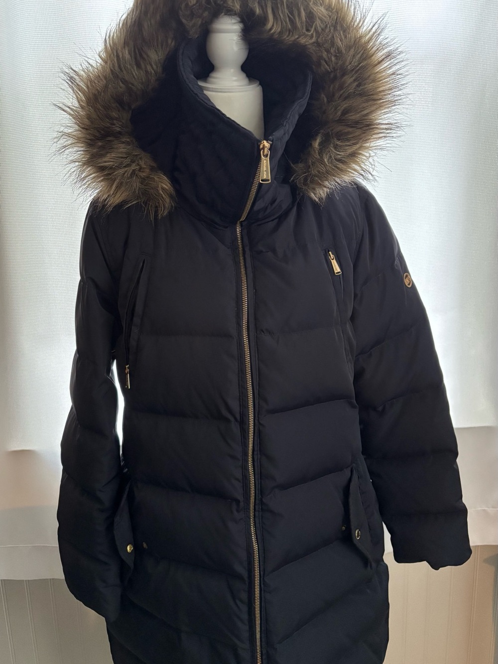 MICHAEL Michael Kors Navy Black Long Puffer Down Filled Faux Fur Coat Women’s L